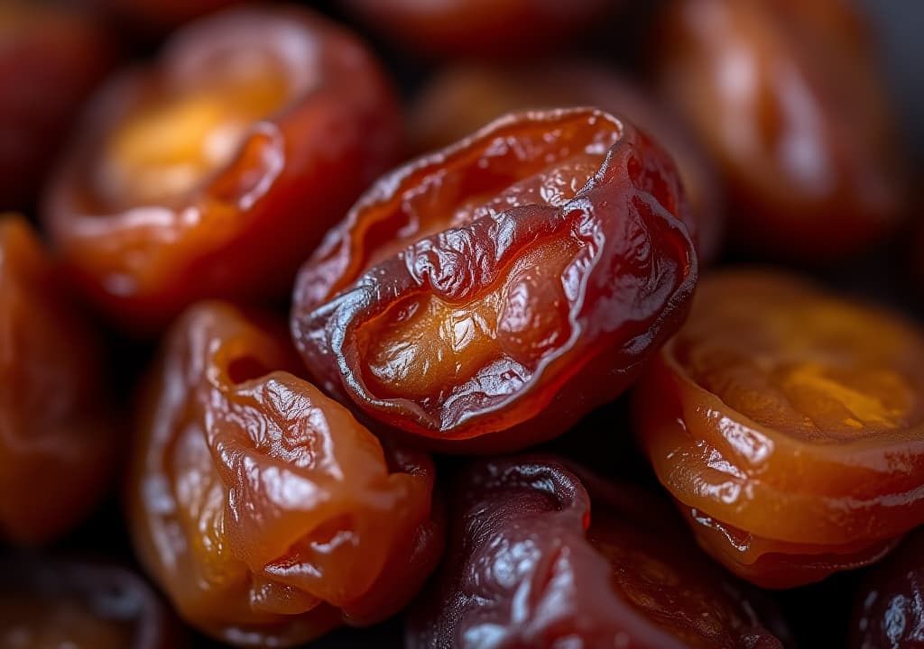  a close up of dried fruit, specifically dried plums. the fruit is brown and wrinkled, giving it a rustic and earthy appearance. concept of nostalgia and simplicity