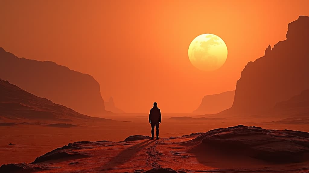  a contemplative image of mars as a red planet, teasing the viewer with its rugged terrain and mysteries. hyperrealistic, full body, detailed clothing, highly detailed, cinematic lighting, stunningly beautiful, intricate, sharp focus, f/1. 8, 85mm, (centered image composition), (professionally color graded), ((bright soft diffused light)), volumetric fog, trending on instagram, trending on tumblr, HDR 4K, 8K