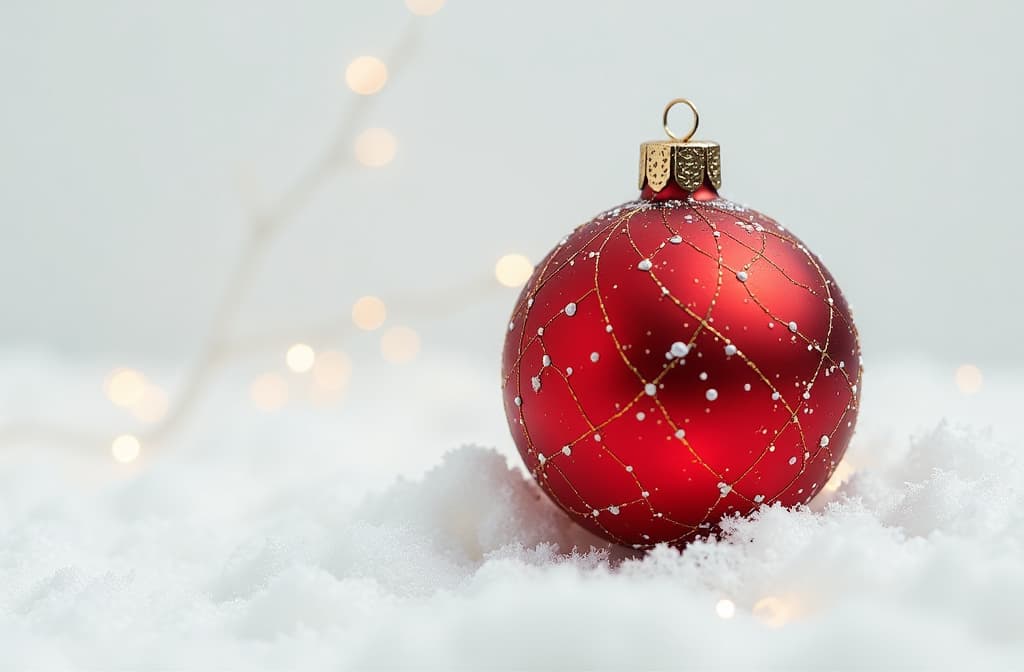  professional detailed photography, christmas red ball on white background ar 3:2, (muted colors, dim colors, soothing tones), (vsco:0.3)