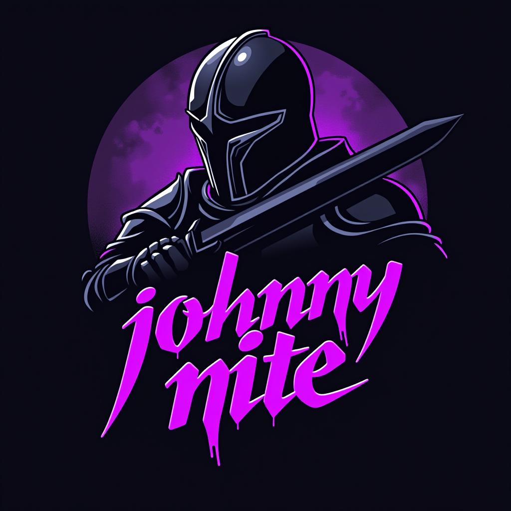  design a logo, in a realism style. knight black and purple graffiti, with the text 'johnny nite '.