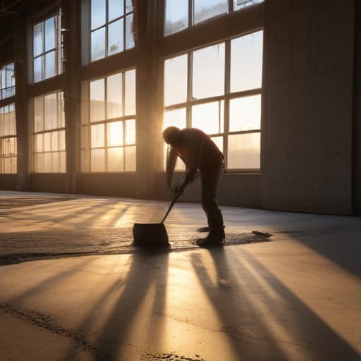 A photo of a construction worker skillfully pouring fresh concrete in a modern industrial warehouse during early morning, with soft rays of sunrise streaming through the large windows casting a warm glow on the gritty, textured surface.