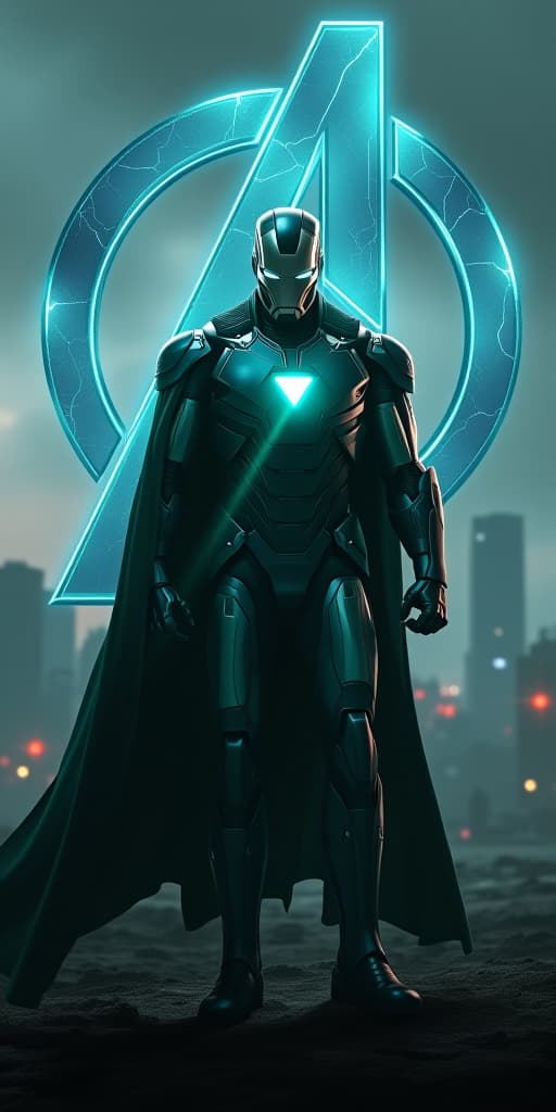  good quality, high quality, a hyper realistic movie poster for "avengers: secret war" starring tom cruise as ultimate ultron. he stands ominously in the foreground, his metallic body glowing with a faint blue green light. his dark green cloak flows in the wind, partially covering his iron man like armor. the war torn city behind him is shrouded in deep shadows, with the avengers logo crackling with energy in the background.