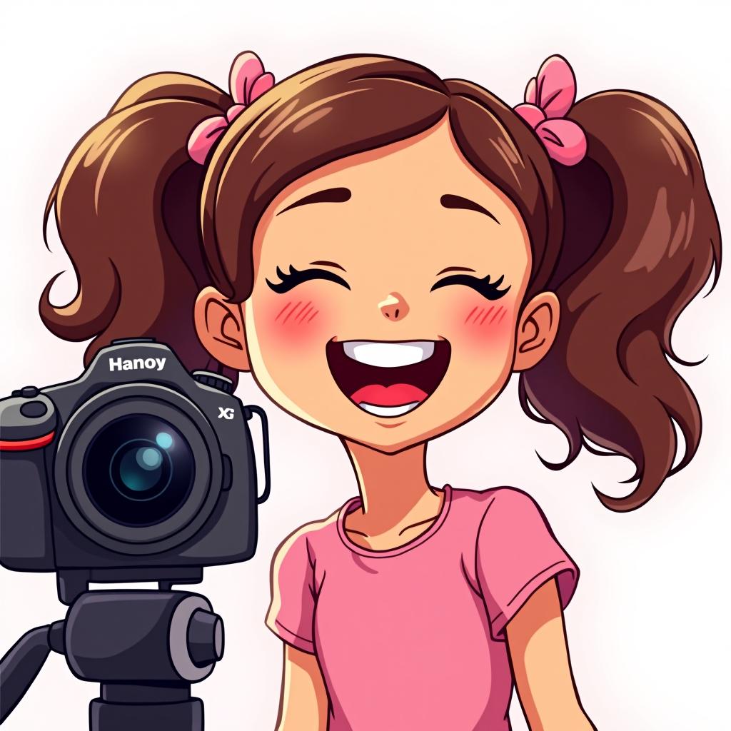  a with curly pigtails and a pink is laughing heartily in front of the camera during a photoshoot. cartoon style.