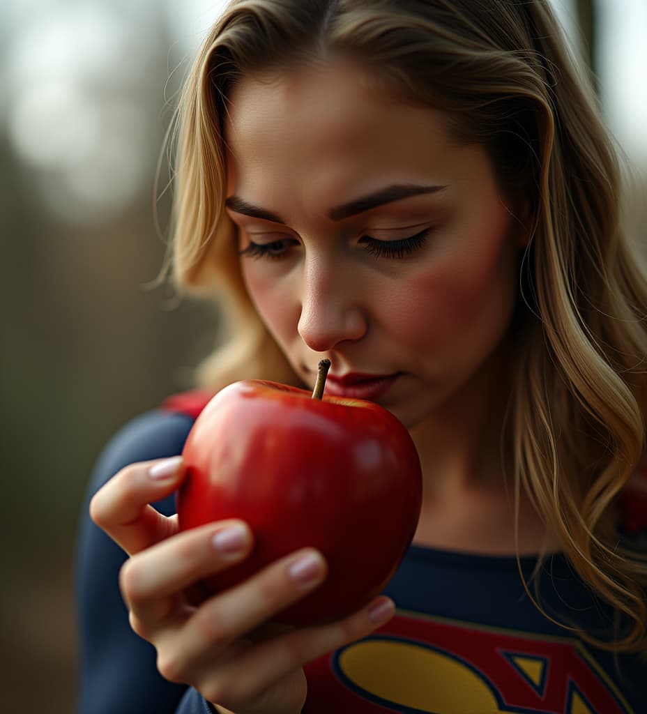  a hd photo of supergirl smelling an apple, close up