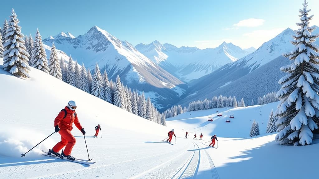  prompt: create a hyper realistic image showcasing the essence of skiing holidays in austria with chatskipt. the scene features a vibrant and detailed ski resort in the austrian alps, emphasizing well groomed slopes, modern lift facilities, and breathtaking landscapes. include skiers of varying skill levels enjoying the slopes, with some tackling challenging runs while others ski on cozy family tracks. ensure the image highlights the importance of the right equipment, showcasing skiers in appropr