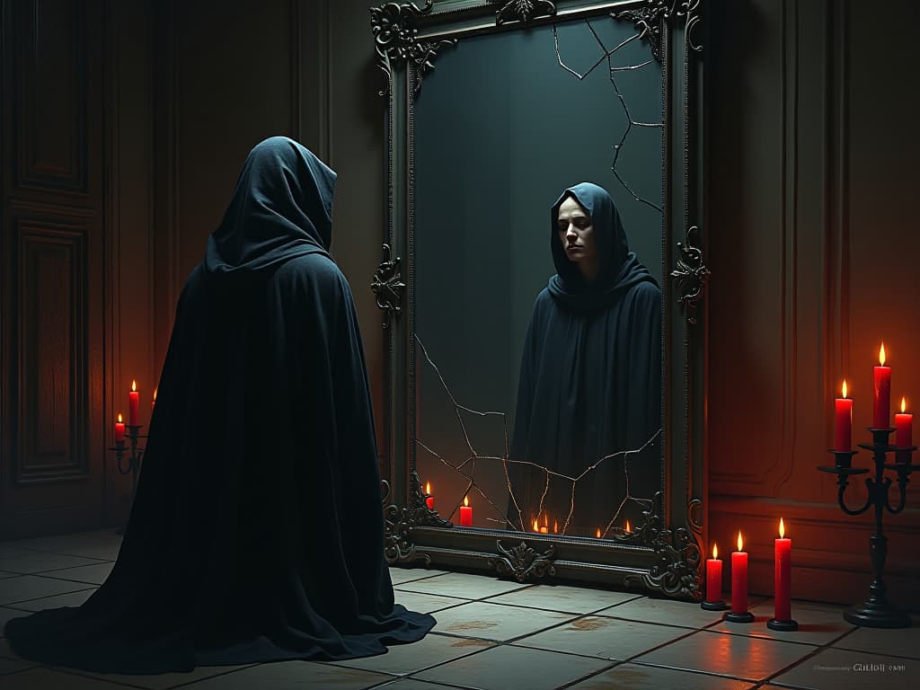  a humbled figure kneeling before a cracked mirror, reflection showing a disjointed image, split between past arrogance and current humility. gloomy atmosphere, flickering candles, worn out garments.. the style is dark fantasy and mysterious occult, symbolic, moody lighting, esoteric vibe,high detail on character design. for the color scheme emphasize blacks and reds.