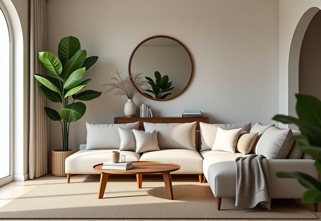  a landscape photo of a serene living room with a large fiddle leaf fig plant, a neutral color palette, layered throw pillows on a comfortable sectional, and a round mirror above a console table hyperrealistic, full body, detailed clothing, highly detailed, cinematic lighting, stunningly beautiful, intricate, sharp focus, f/1. 8, 85mm, (centered image composition), (professionally color graded), ((bright soft diffused light)), volumetric fog, trending on instagram, trending on tumblr, HDR 4K, 8K