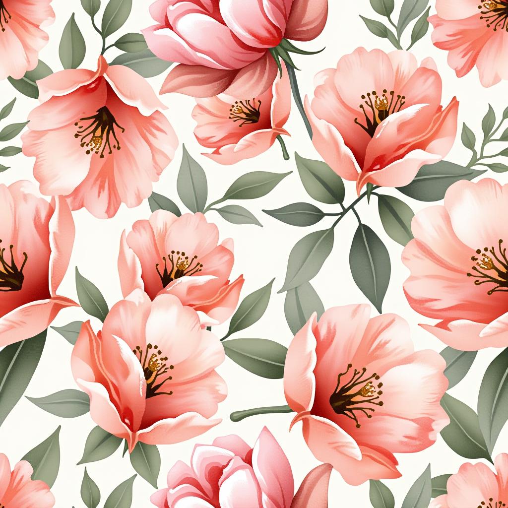  create a seamless digital design featuring a pattern of large, beautiful flowers with soft, watercolor like effects. the flowers should cover the entire surface, creating a bold, elegant, and continuous look. the overall style should be light and airy, with delicate leaves and petals to enhance the natural, floral theme. the design should be seamless to ensure it can be used in repeating patterns or wraps.