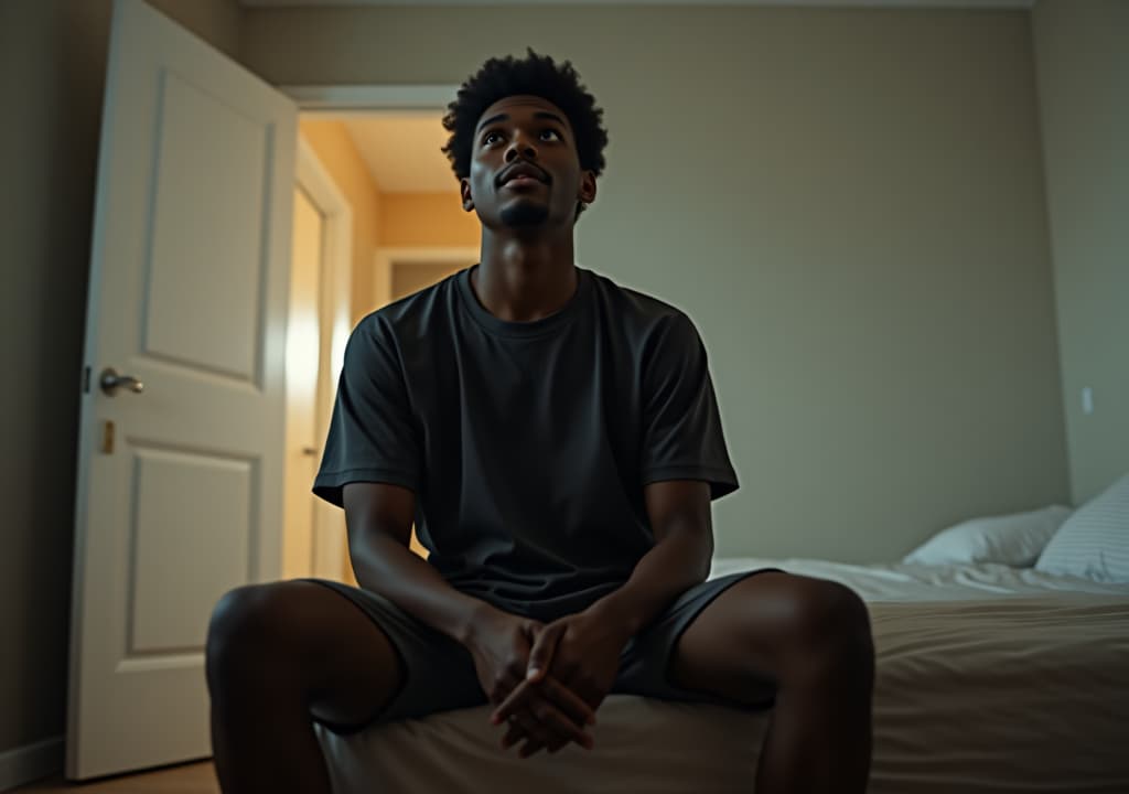  a young black african man in his twenties, wearing casual shorts and a t shirt, sits on the edge of a bed in a softly lit room, his expression showing surprise as he looks up. the room is quiet and still, with a sense of unexpectedness. the door behind him is slightly ajar, and the soft light from the hallway spills into the room. the atmosphere is tense, as if he was caught off guard by a sudden sound