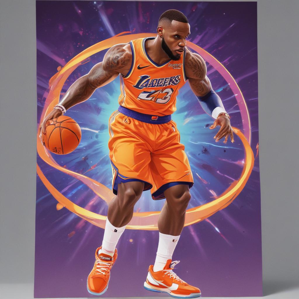 distance-shot, flashy, full-body, dynamic, holographic, animated cartoon poster of lebron james in the style of dragon ball super