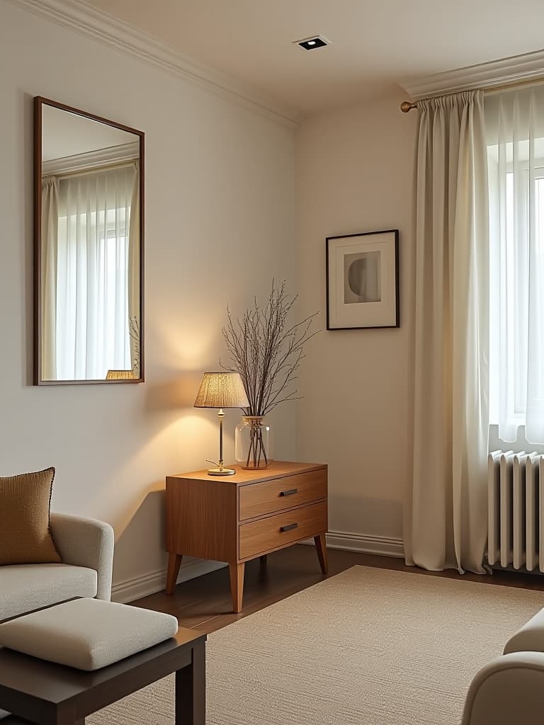  high quality portrait photo of a bright small living room with floor to ceiling mirrors strategically placed to create an illusion of space, featuring light colored walls and furniture, captured from a corner perspective hyperrealistic, full body, detailed clothing, highly detailed, cinematic lighting, stunningly beautiful, intricate, sharp focus, f/1. 8, 85mm, (centered image composition), (professionally color graded), ((bright soft diffused light)), volumetric fog, trending on instagram, trending on tumblr, HDR 4K, 8K