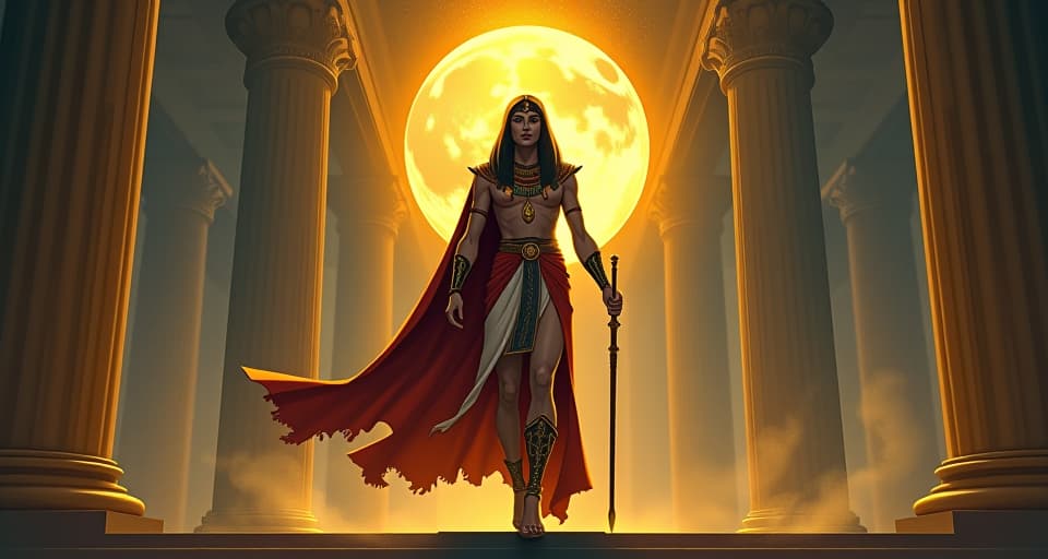  figure in regal egyptian attire, head held high, steps confident and deliberate, surrounded by an aura of power.. the style is digital art illustration / modern comic book / mysterious occult, symbolic, esoteric vibe,high detail on character design, incorporating ancient egyptian symbology and attire.