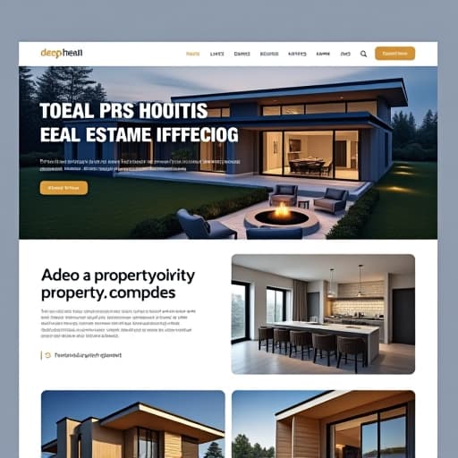  design a property showcase template for 'deep' real estate: style: modern, clean, and image focused. layout: full page layout with the main image of the property taking up the top half, and details below. images: high resolution images of the property, with space for a gallery of 4 6 photos. property details: include sections for property description, key features, location map, and pricing. color scheme: use the brand’s deep blue, white, and gold palette to maintain a consistent look. typography: clear, legible font for easy reading, with bold headings to separate sections. hyperrealistic, full body, detailed clothing, highly detailed, cinematic lighting, stunningly beautiful, intricate, sharp focus, f/1. 8, 85mm, (centered image composition), (professionally color graded), ((bright soft diffused light)), volumetric fog, trending on instagram, trending on tumblr, HDR 4K, 8K