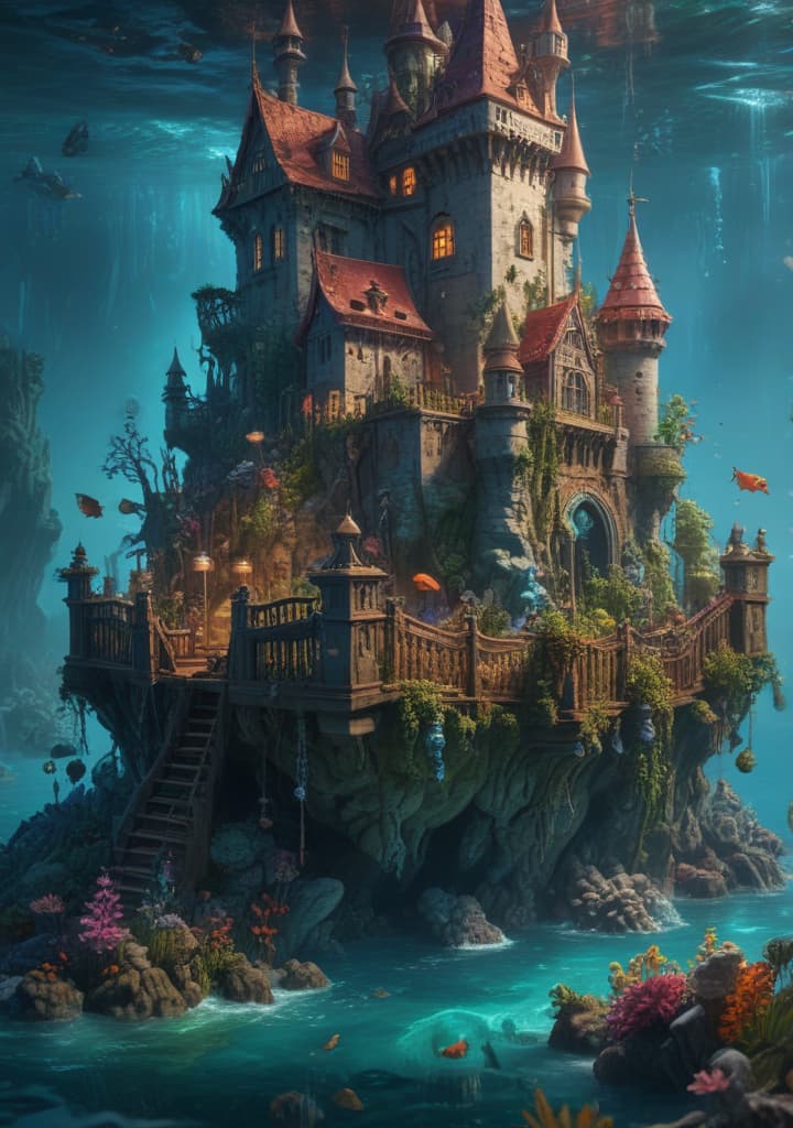 Craft a fantasy world under the sea, filled with mermaids, seahorses, and underwater castles. highly detailed,studio lighting,professional,vivid colors, cinematic lighting, HDR, UHD, 4K, 8k, 64K