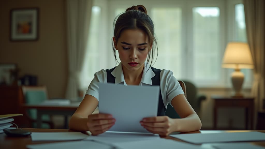  , a nervous waitress, julia, receiving shocking news about her inheritance, sitting in a spacious office with soft lighting, papers scattered around her, her hands trembling as she holds the documents. hyperrealistic, full body, detailed clothing, highly detailed, cinematic lighting, stunningly beautiful, intricate, sharp focus, f/1. 8, 85mm, (centered image composition), (professionally color graded), ((bright soft diffused light)), volumetric fog, trending on instagram, trending on tumblr, HDR 4K, 8K