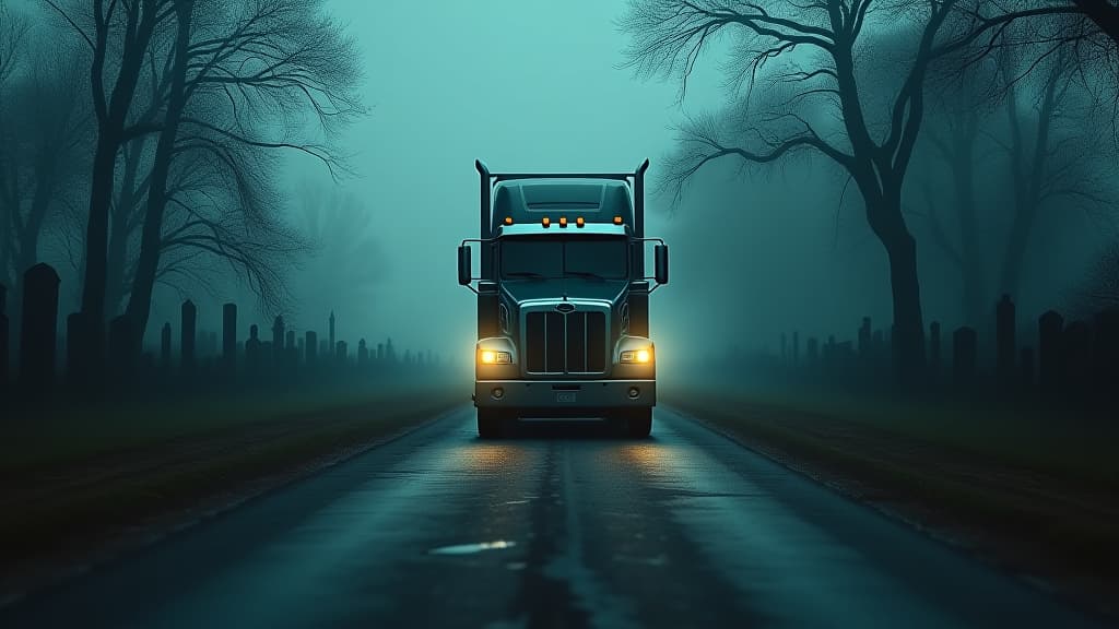  images about horror stories, a haunting image of a truck on a desolate road with a graveyard visible in the background. hyperrealistic, full body, detailed clothing, highly detailed, cinematic lighting, stunningly beautiful, intricate, sharp focus, f/1. 8, 85mm, (centered image composition), (professionally color graded), ((bright soft diffused light)), volumetric fog, trending on instagram, trending on tumblr, HDR 4K, 8K