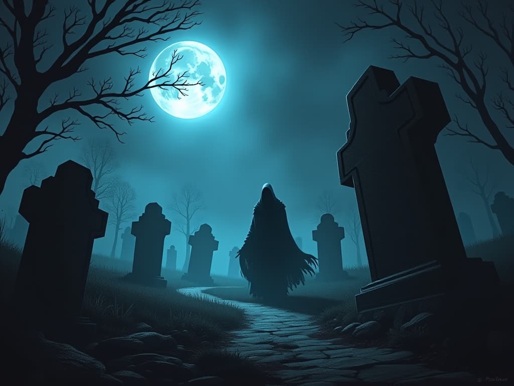  ancient tombstones in a misty graveyard, foreboding moonlight, shadows stretching, deep sense of unease. the style is digital art illustration / modern comic book / graphic dark novel fantasy and mysterious occult, symbolic, moody lighting, esoteric vibe,high detail on character design. for the color scheme emphasize blacks and reds.