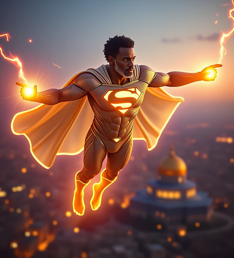  african superman king priest, flying over the dome of the rock in jerusalem, his cape is radiant iridescent gold electric blue magenta iridescent translucent gold mli foil, transparent iridescent lightsail cape. his suit is shiny reflective iridescent aurora ultraviolet infrared, white and golden glowing iridescent, gold. golden shining energy gold armor. iridescent glowing illuminated gold "s" on chest, kamehameha plasma power sphere iridescent flashing solar fireballs glowing from his lightning fists. glowing iridescent lightning shooting out radiating from his eyes, short curly temple fade black hair on head, white platinum goatee beard.