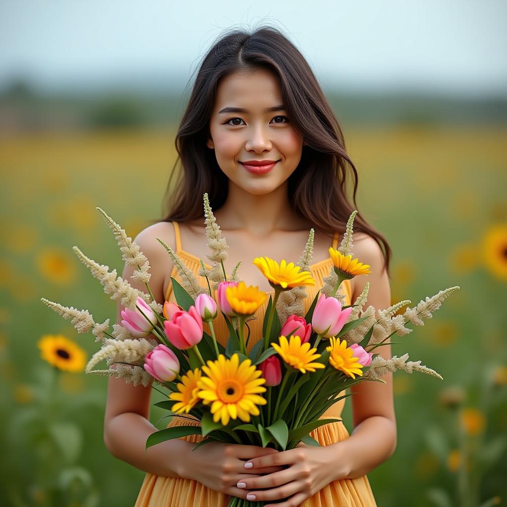  i am with a bouquet of flowers in a field.