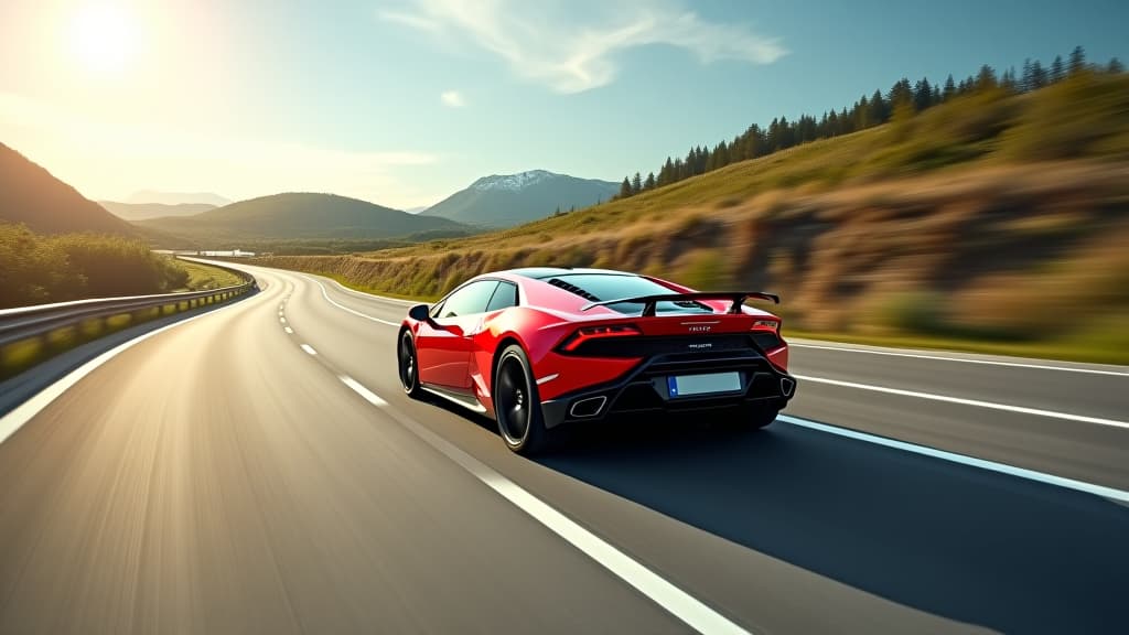  red business car on high speed in turn. super car rushing along a high speed highway with motion speed in sunny day.