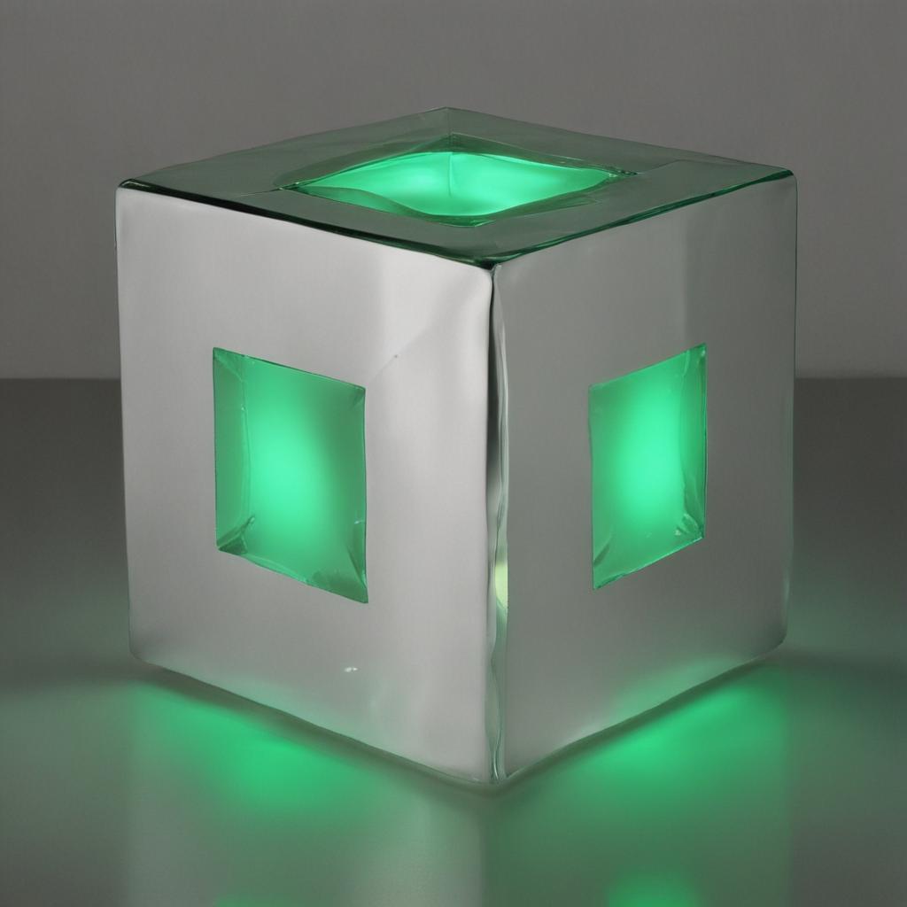 silver cube 20cm across with green glow