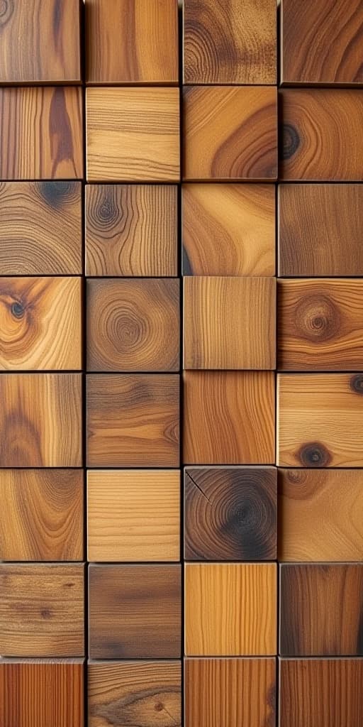  a detailed close up of wooden blocks arranged in a geometric pattern, showcasing the natural texture and grain of the wood in warm, earthy tones.