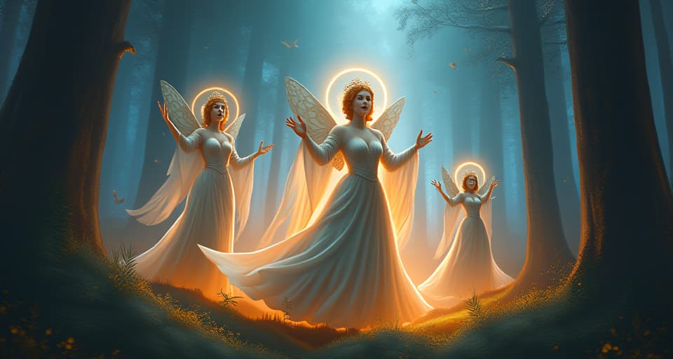  shocked ethereal beings in radiant attire, luminous forest, disbelief.. the style is digital art illustration,highly detailed, whimsical,magical, dreamlike atmosphere, realism and fantasy blend, smooth, glossy textures,luminous quality, wonder and enchantment.