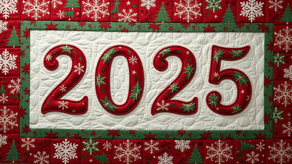  large patchwork blanket with a christmas pattern. in the center is the number "2025" embroidered, instead of "0" there is a snake embroidered {prompt}, maximum details