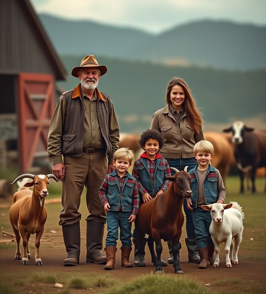  a realistic farm scene featuring a caucasian family of seven. the family includes a 3 old father, a 3 old mother, a old , a old , a old african american , a old , and a . they are living on a farm with livestock, including goats, chickens, and cows, and there's logging activity taking place nearby. the father is dressed in lumberjack clothes, the ren are playing and working around the farm, and the mother is tending to the animals. the scene captures the warmth and togetherness of family life in a rustic, farm setting.