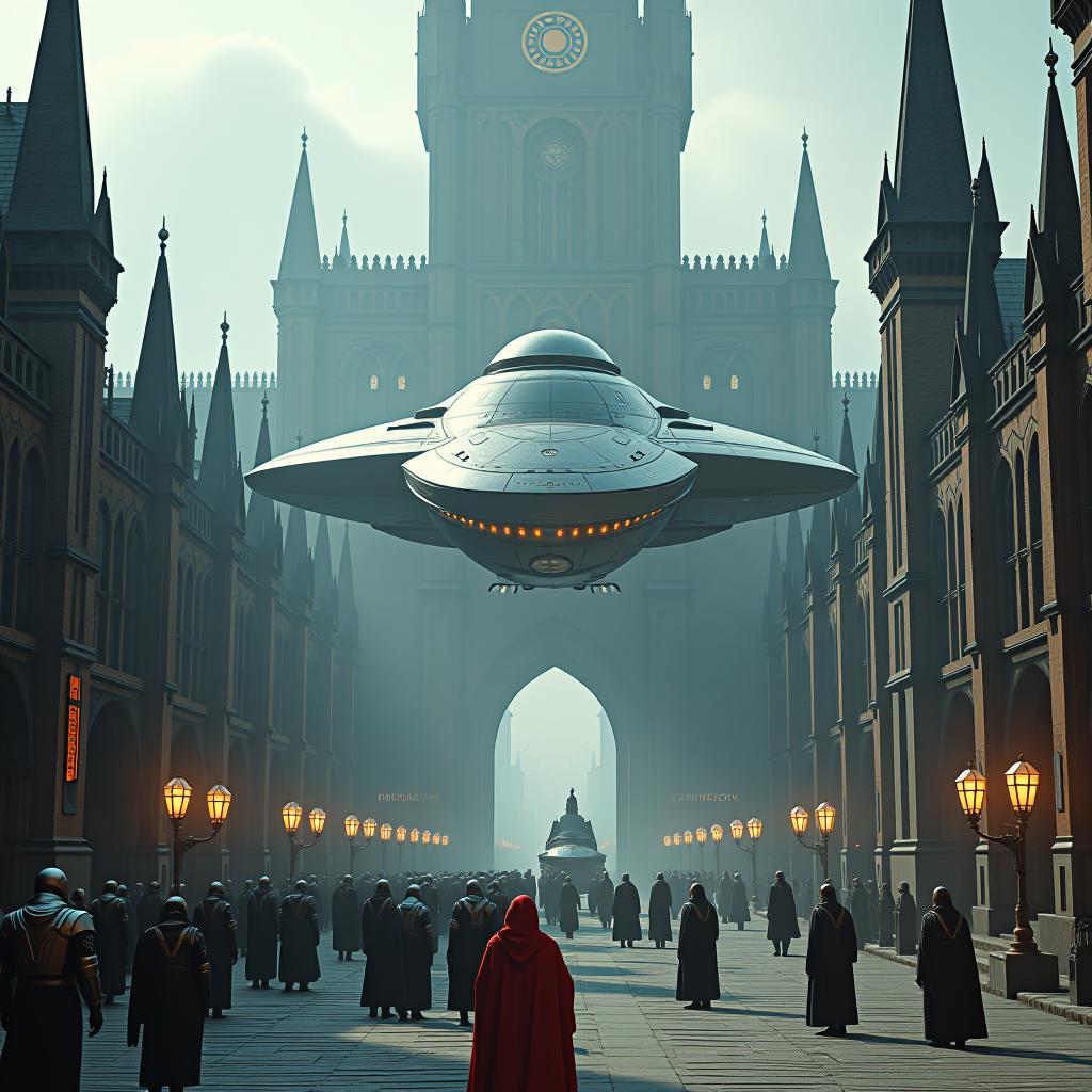  a massive spaceship approaching a landing in the center of a large futuristic city, which is designed with a medieval aesthetic. the scene features towering buildings with gothic architecture, stone bridges, and cobblestone streets, but with advanced technology integrated seamlessly, such as glowing neon signs and holograms. the city square is bustling with futuristic medieval citizens in armored robes and merchants with hovering carts. the spaceship, sleek and metallic, contrasts with the stone structures as it descends toward a large landing platform surrounded by the city’s grand medieval style buildings. hyperrealistic, full body, detailed clothing, highly detailed, cinematic lighting, stunningly beautiful, intricate, sharp focus, f/1. 8, 85mm, (centered image composition), (professionally color graded), ((bright soft diffused light)), volumetric fog, trending on instagram, trending on tumblr, HDR 4K, 8K