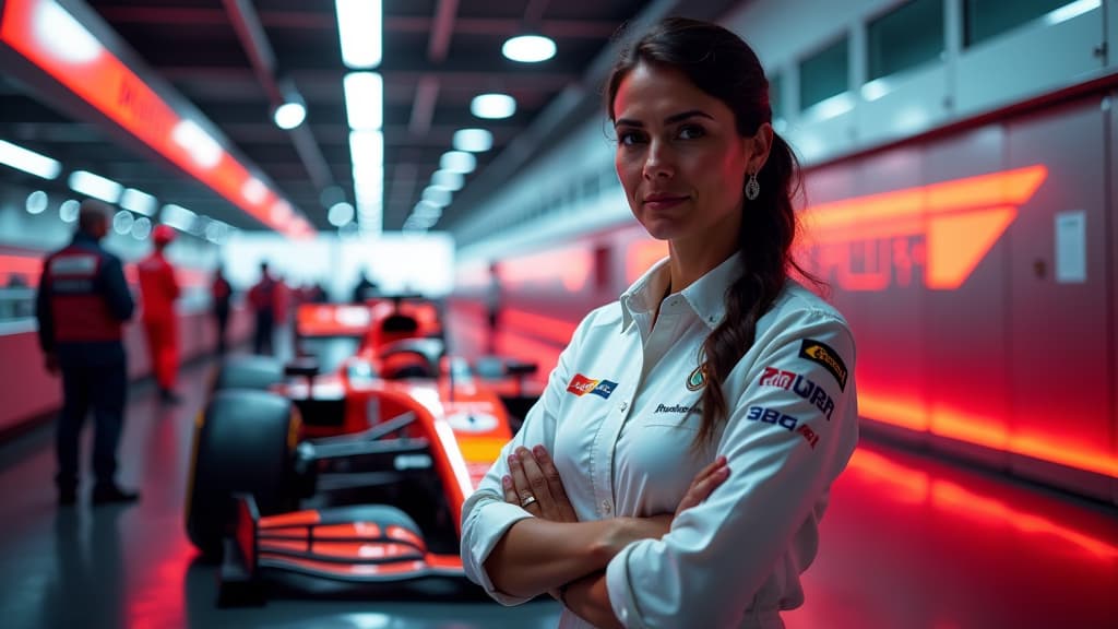  create an image of mclaren's team principal, andrea stella, surrounded by a dynamic and vibrant formula 1 racing scene. show andrea stella in a confident pose, with the mclaren logo prominently displayed. include elements symbolizing hard work, team spirit, and continuous improvement, such as tools of the trade, team members working together, and futuristic racing technology. capture the essence of success, focus, and determination through dramatic lighting, intense colors, and detailed textures