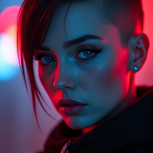  ultra realistic close up portrait ((beautiful pale cyberpunk female with heavy black eyeliner)), blue eyes, shaved side haircut, hyper detail, cinematic lighting, magic neon, dark red city, canon eos r3, nikon, f/1.4, iso 200, 1/160s, 8k, raw, unedited, symmetrical balance, in frame, 8k hyperrealistic, full body, detailed clothing, highly detailed, cinematic lighting, stunningly beautiful, intricate, sharp focus, f/1. 8, 85mm, (centered image composition), (professionally color graded), ((bright soft diffused light)), volumetric fog, trending on instagram, trending on tumblr, HDR 4K, 8K