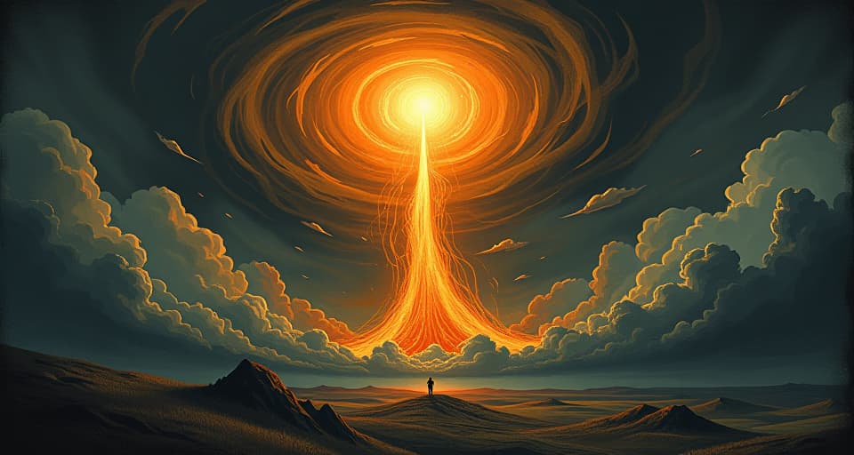  tormented landscape, swirling dark clouds, illuminating flames bursting forth, divine fire, transformative, intense aura. an illustration in the style of a worn, mystical old tarot trump card, mysterious and elements of surrealism. the colors are muted, somber and eerie, but with contrast bring out an occult and esoteric vibe.