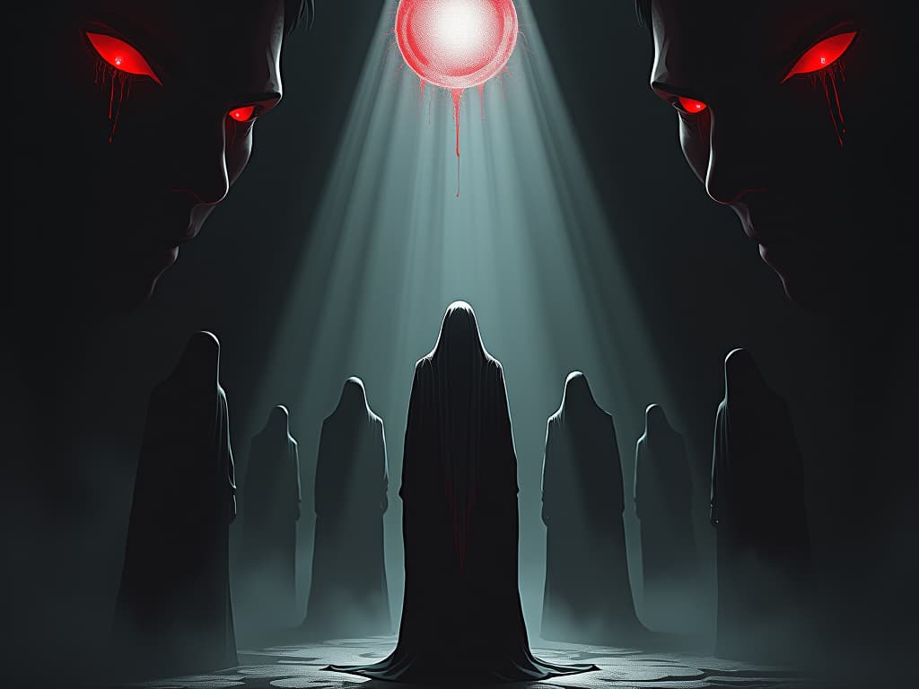  character standing under spotlight, surrounded by shadowy figures, eyes full of judgment, harsh social reality. the style is dark fantasy and mysterious occult, symbolic, moody lighting, esoteric vibe,high detail on character design. for the color scheme emphasize blacks and reds.