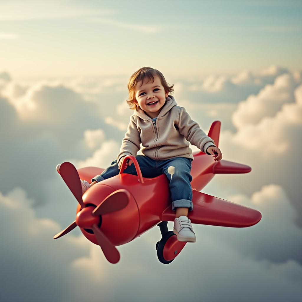  the cheerful child is sitting on top of a toy red airplane, among the clouds.