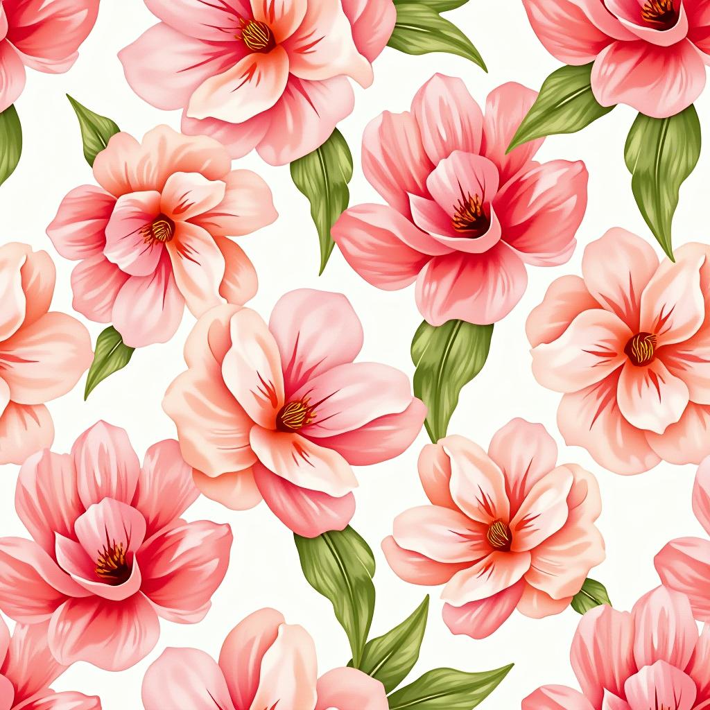  create a seamless digital design featuring a pattern of large, beautiful flowers with soft, watercolor like effects. the flowers should cover the entire surface, creating a bold, elegant, and continuous look. the overall style should be light and airy, with delicate leaves and petals to enhance the natural, floral theme. the design should be seamless to ensure it can be used in repeating patterns or wraps.