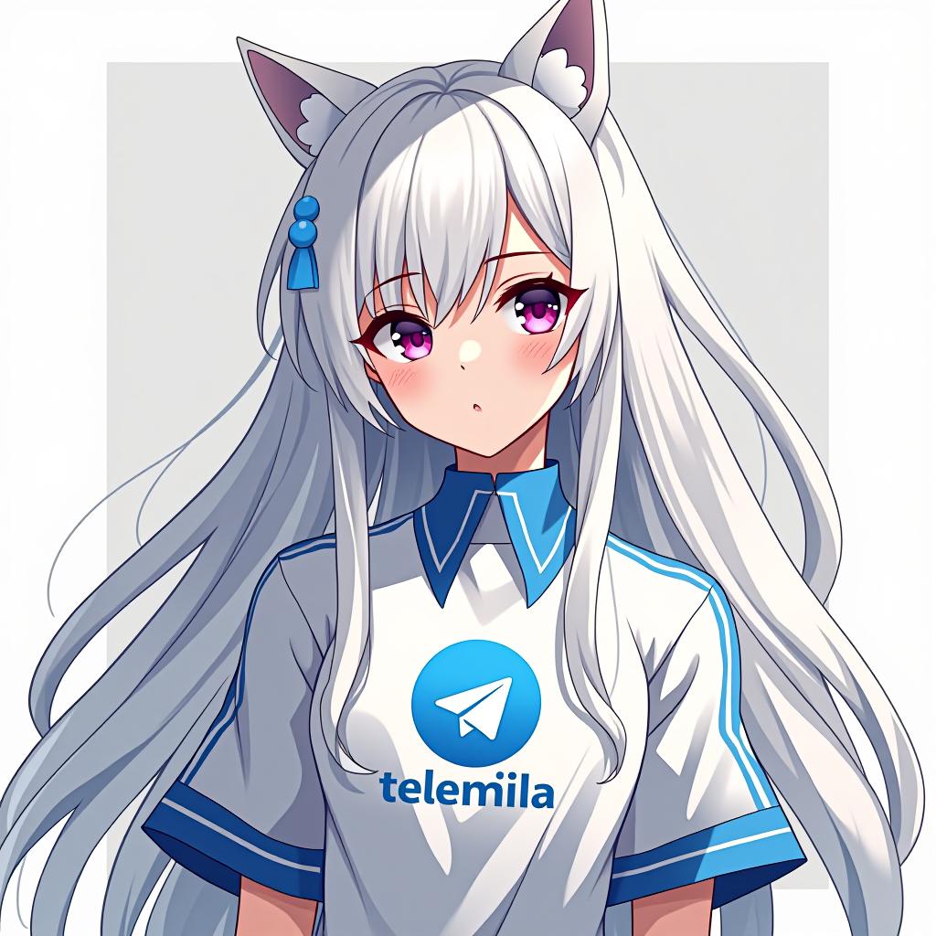  create an image of a character inspired by emilia from re:zero, featuring long white hair and an elegant appearance. the character should be wearing a shirt with the telegram logo, embodying peace and serenity. the design should be background, and include the name 'emilia' in a stylish font