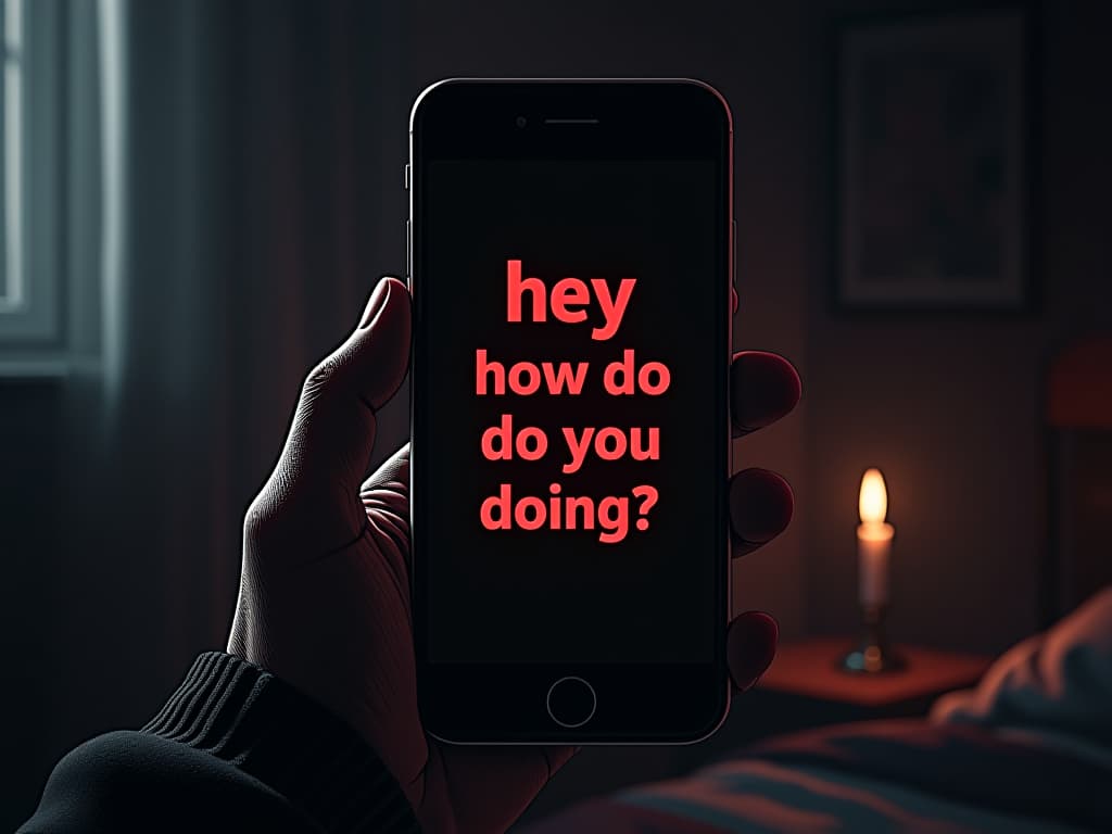  phone screen displaying message 'hey how are you doing?', in a dimly lit room, eerie quiet. the style is digital art illustration / modern comic book / graphic dark novel fantasy and mysterious occult, symbolic, moody lighting, esoteric vibe,high detail on character design. for the color scheme emphasize blacks and reds.