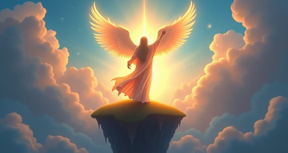  an angelic figure in flowing, glowing robes, standing atop a floating island under a glowing sky. the figure points toward the heavens, surrounded by an aura of divine connection and sacredness.. the style is digital art illustration,highly detailed, whimsical,magical, dreamlike atmosphere, realism and fantasy blend, smooth, glossy textures,luminous quality, wonder and enchantment.