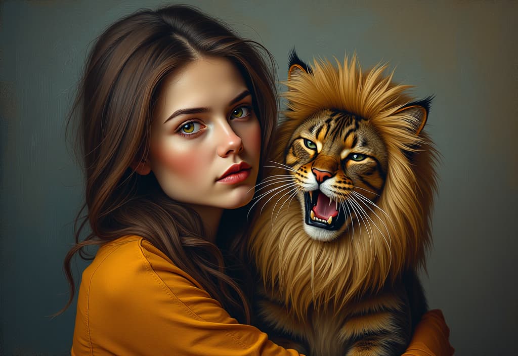  (expressionism painting:1.3) of young tall slim brunette woman holding sad and sleepy dark brown siberian cat yawning, cat is dressed in lion costume, (van gogh style:1.3)