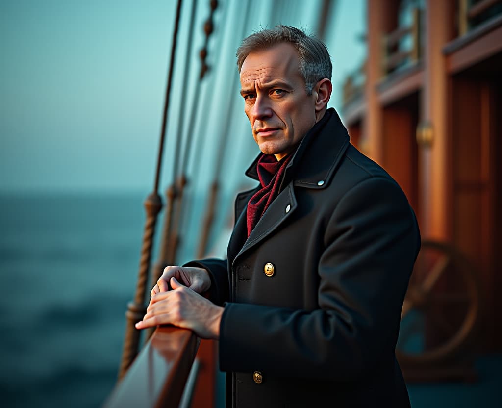  on the deck of the ship in the form of an actor, sergei nasedkin, reference to the photograph https://www.kino teatr.ru/teatr/acter/m/ros/5999/foto/ hyperrealistic, full body, detailed clothing, highly detailed, cinematic lighting, stunningly beautiful, intricate, sharp focus, f/1. 8, 85mm, (centered image composition), (professionally color graded), ((bright soft diffused light)), volumetric fog, trending on instagram, trending on tumblr, HDR 4K, 8K