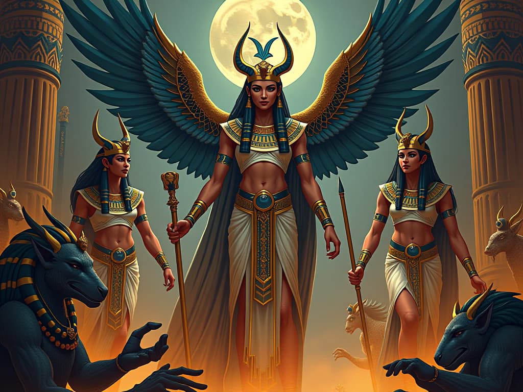  an intricately woven tapestry depicting egyptian deities, sacred symbols, and mythical creatures, enchanting aura of imagination unshackled, boundless creativity. the style is digital art illustration / modern comic book / mysterious occult, symbolic, esoteric vibe,high detail on character design, incorporating ancient egyptian symbology and attire.