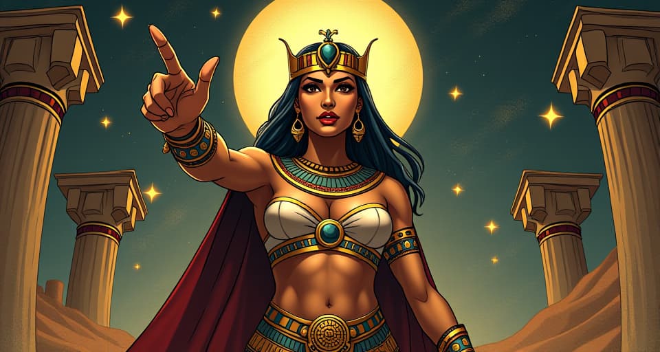  an imposing, large busted goddess in ornate attire, pointing forward, celestial patterns and stars around her, symbolizing a call to subscribe and stay empowered. the style is digital art illustration / modern comic book / mysterious occult, symbolic, esoteric vibe,high detail on character design, incorporating ancient egyptian symbology and attire.