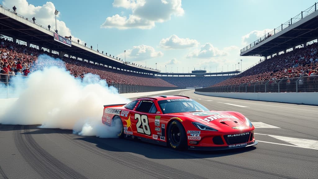  create an image of the iconic brickyard 400 race at the indianapolis motor speedway, capturing the thrilling moment when kyle larson wins in his impressive paint scheme. show a dynamic composition with high speed race cars drifting through the turns on the 2.5 mile oval track. include cheering spectators, legendary motorsport figures like rick hendrick and jeff gordon, and the historic atmosphere of the event. ensure the image is colorful, light filled, and dramatic, highlighting the excitement