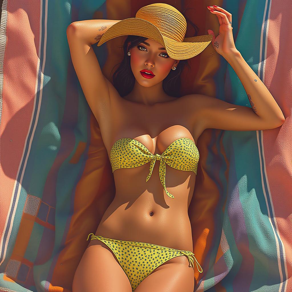  portrait of a beautiful completely unclad woman, pin up style on a colorful beach towel