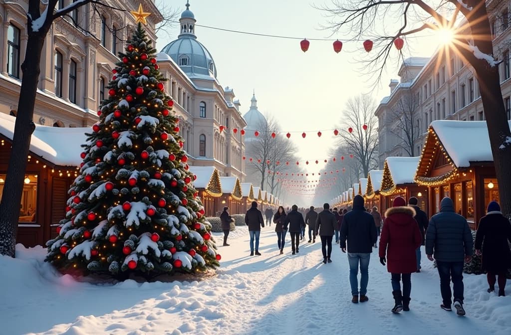  christmas fair outdoor, christmas tree top view, happy people in fashion winter clothes walking snowy weather, sunny weather, free place for text right side {prompt}, maximum details