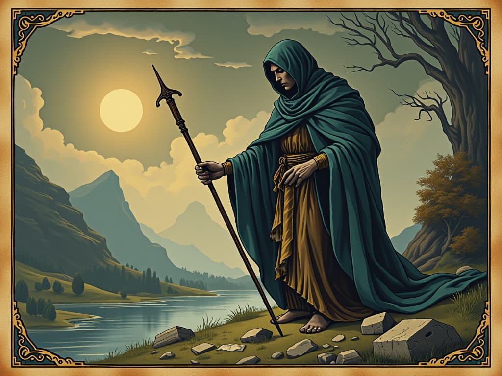  water diviner, archaic attire, dowsing rods in hand, searching terrain, focus, mystical practice. an illustration in the style of a worn, mystical old tarot trump card, mysterious and elements of surrealism. the colors are muted, somber and eerie, but with contrast bring out an occult and esoteric vibe.