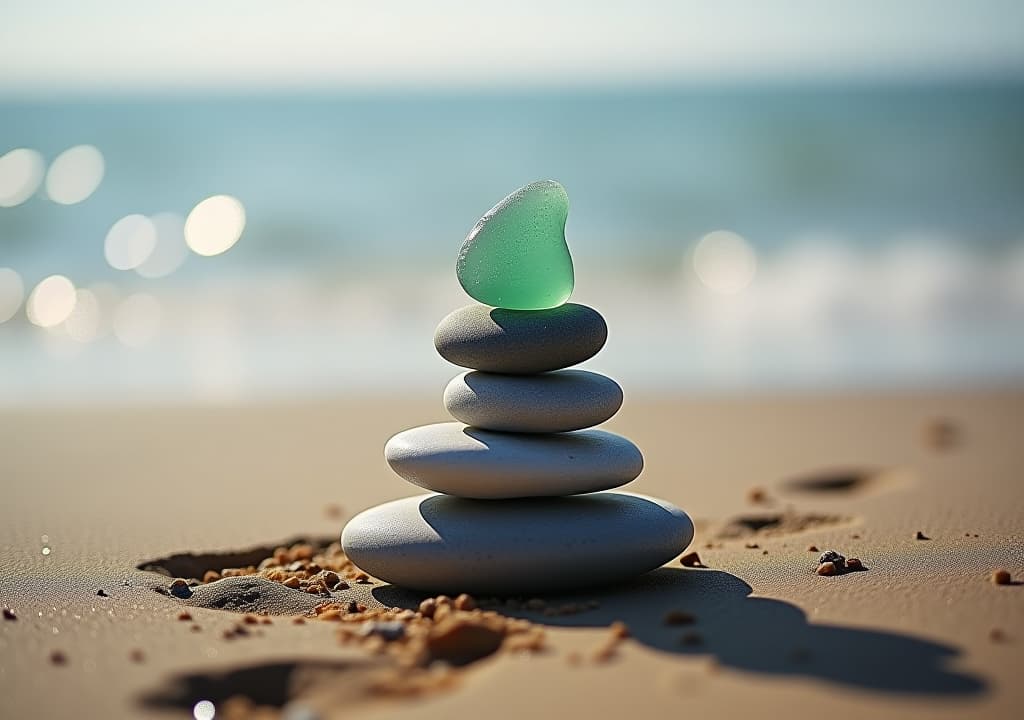  sea glass zen stones arranged in a balance pyramid on the beach, high quality, high details, hd, perfect composition, 4k epic detailed, highly detailed, sharp focus, high resolution