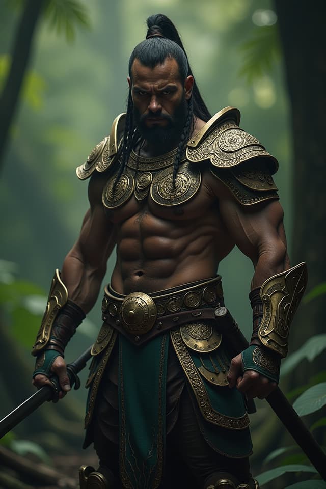  a warrior adorned in intricate armor featuring high detailed raised designs symbolizing the jungle, illuminated by dramatic cinematic lighting. the fighter is in a fierce battle stance, wielding a gleaming sword, with the backdrop of a dense, lush jungle filled with shadows and highlights that evoke a sense of impending war. the character showcases a strong physique, with intense expressions reflecting determination and bravery, surrounded by an atmosphere of tension and anticipation.