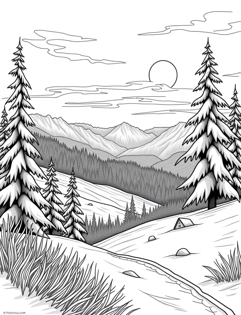  this is for an adult coloring page. a detailed black and white line art of a snowy winter sunrise over a snow covered valley on a solid white background.